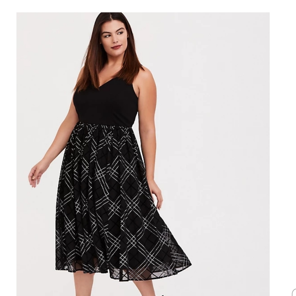NWOT Black Ponte & Mesh Plaid Midi Dress Sz 12